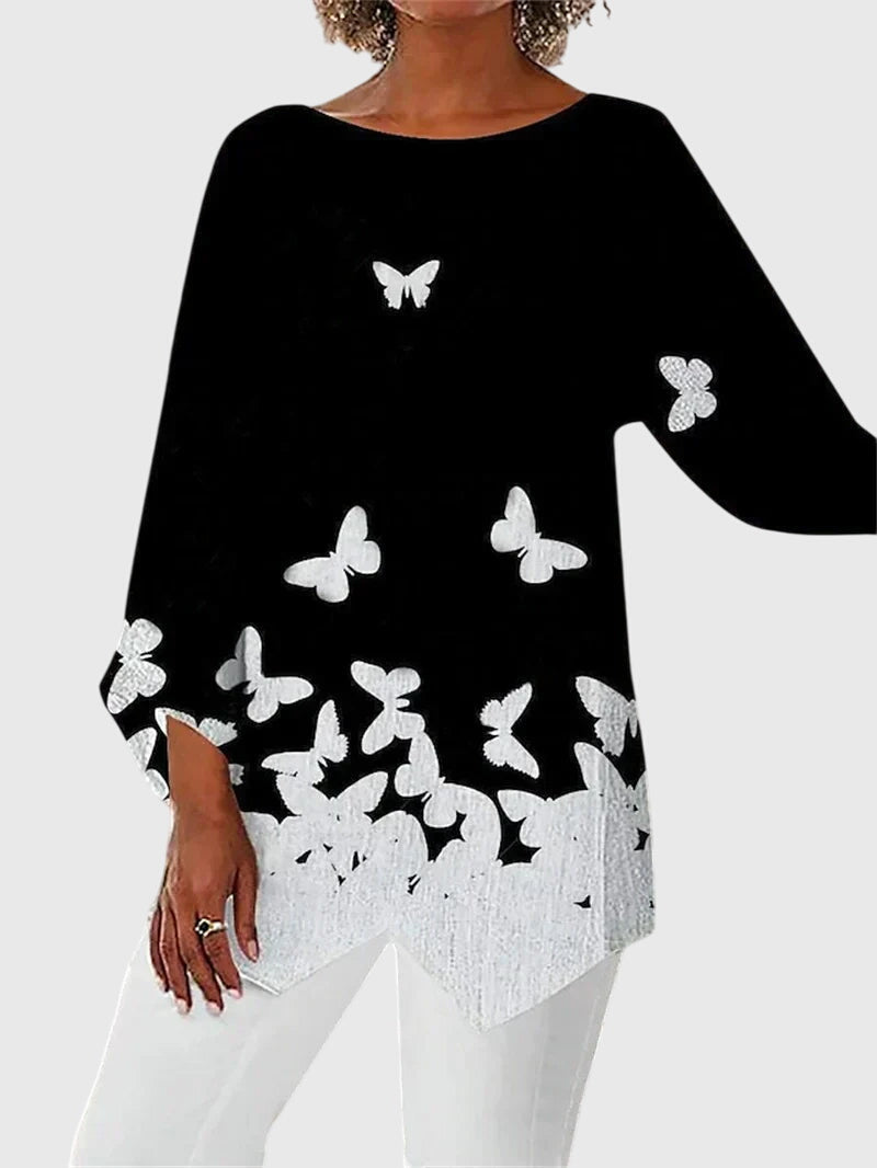 Women's Asymmetrical Print Top with a Butterfly Motif | Round Neck, Three-Quarter Sleeves | Size S-3XL, 6 Designs