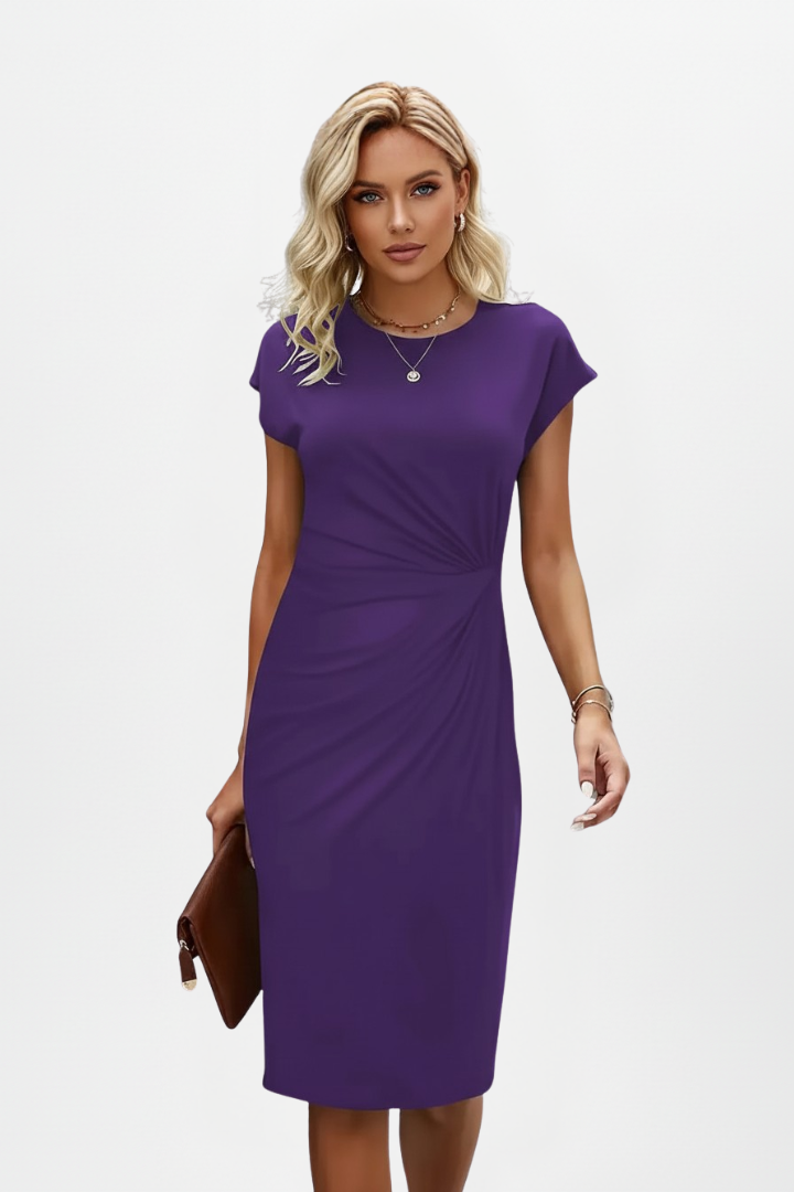 Women's Midi Dress with a Draped Waist | Round Neck and Flutter Sleeves for the Office | Size 2XS-XL, 8 Colors