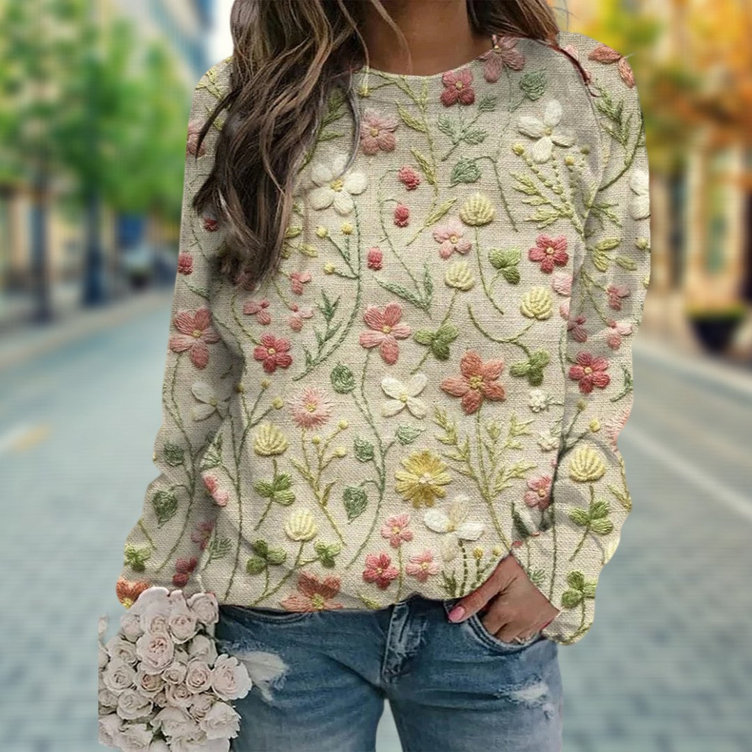 Women's Beige Floral Embroidered Cotton Sweater with Crew Neck | Lightweight Knit Pullover for Spring | Size S-3XL