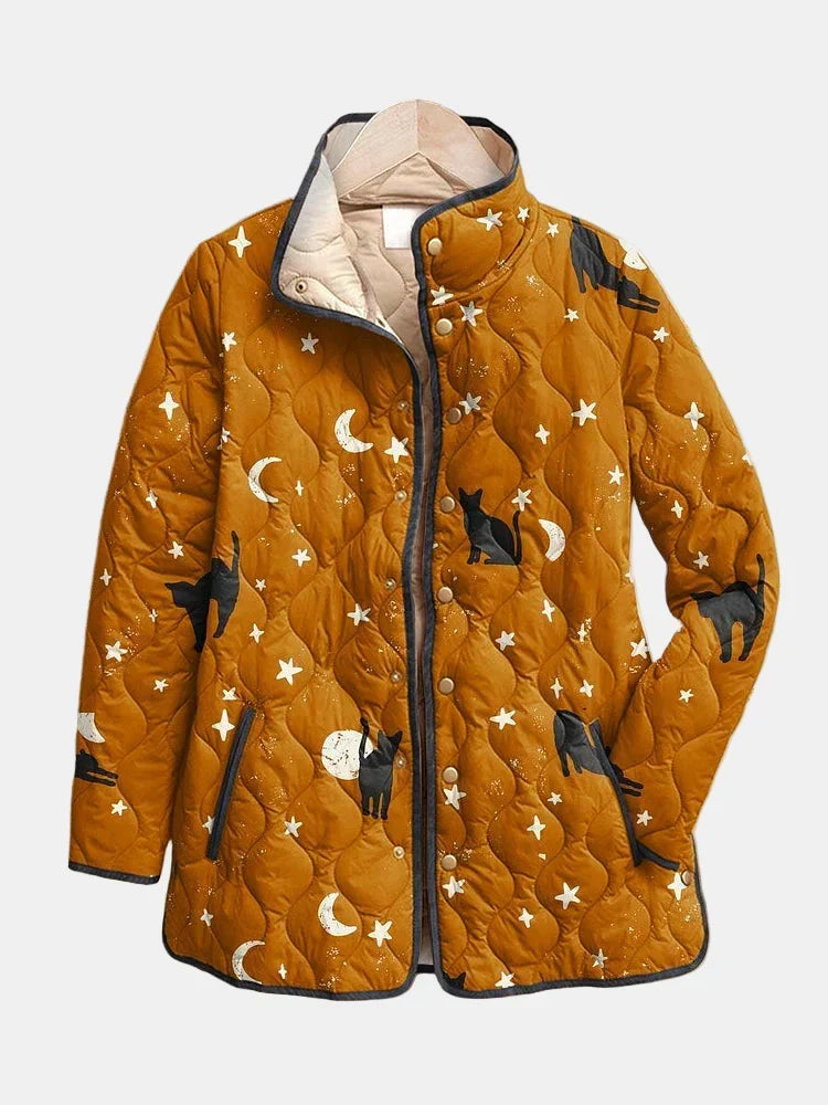 Women's Oversized Quilted Jacket with Mustard Star Print | Padded Zip Front Layer with Stand Collar | Size S-3XL