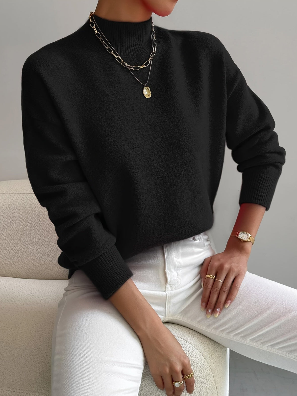 Women's Mock Neck Pullover Sweater in Soft Knit | Relaxed Fit, Long Sleeves, Ribbed Cuffs for Fall and Winter | Size S-2XL