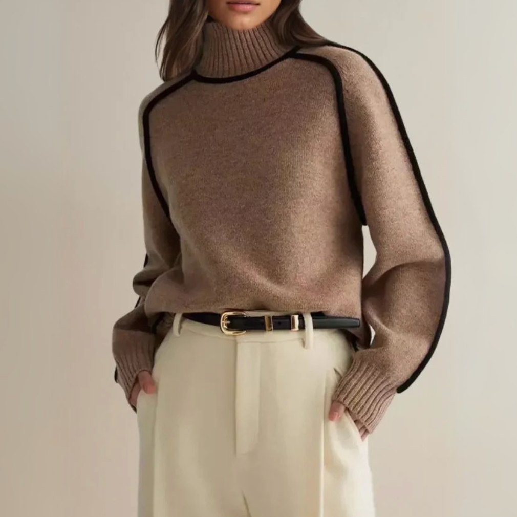 Women's Turtleneck Sweater with Raglan Contrast Piping | Slightly Oversized Relaxed Fit, Ribbed Cuffs | 5 Colors