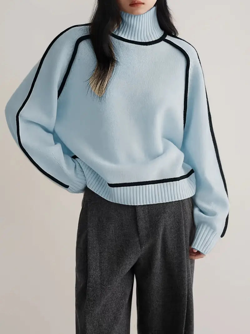 Women's Turtleneck Sweater with Raglan Contrast Piping | Slightly Oversized Relaxed Fit, Ribbed Cuffs | 5 Colors