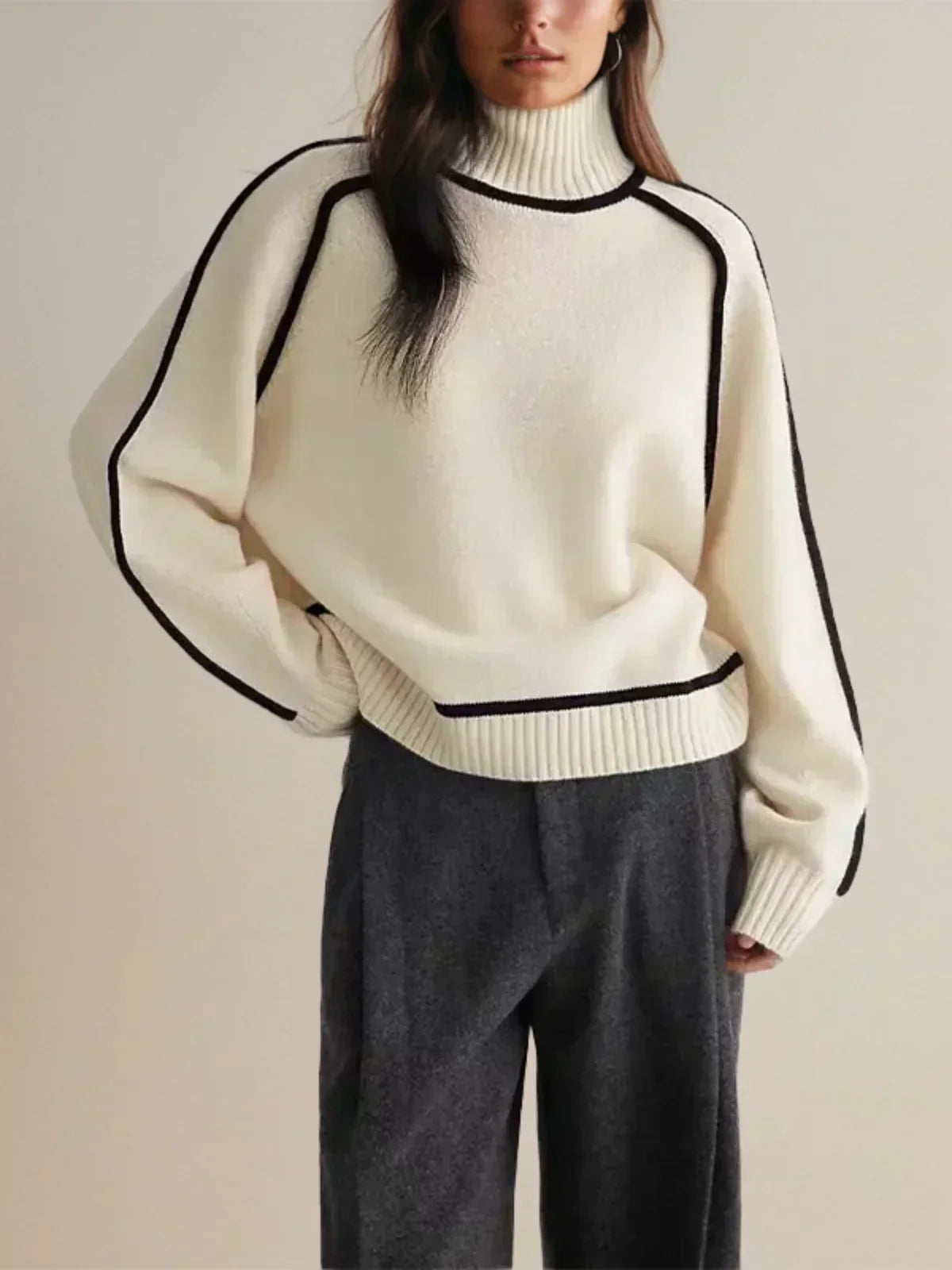 Women's Turtleneck Sweater with Raglan Contrast Piping | Slightly Oversized Relaxed Fit, Ribbed Cuffs | 5 Colors