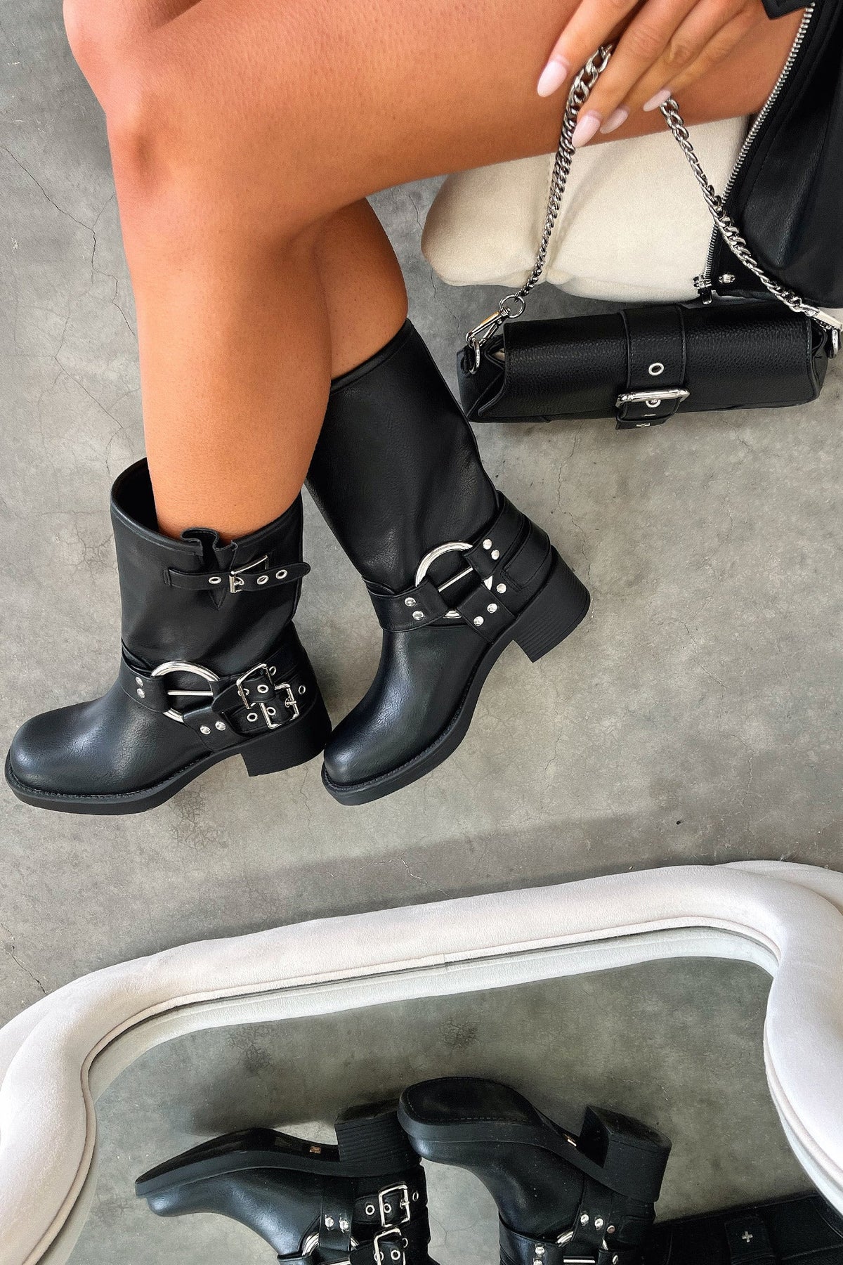 Women's Black Chunky Block Heel Boots with Lug Sole and Buckles | Studded Detail, Cushioned Footbed | Size 4-12