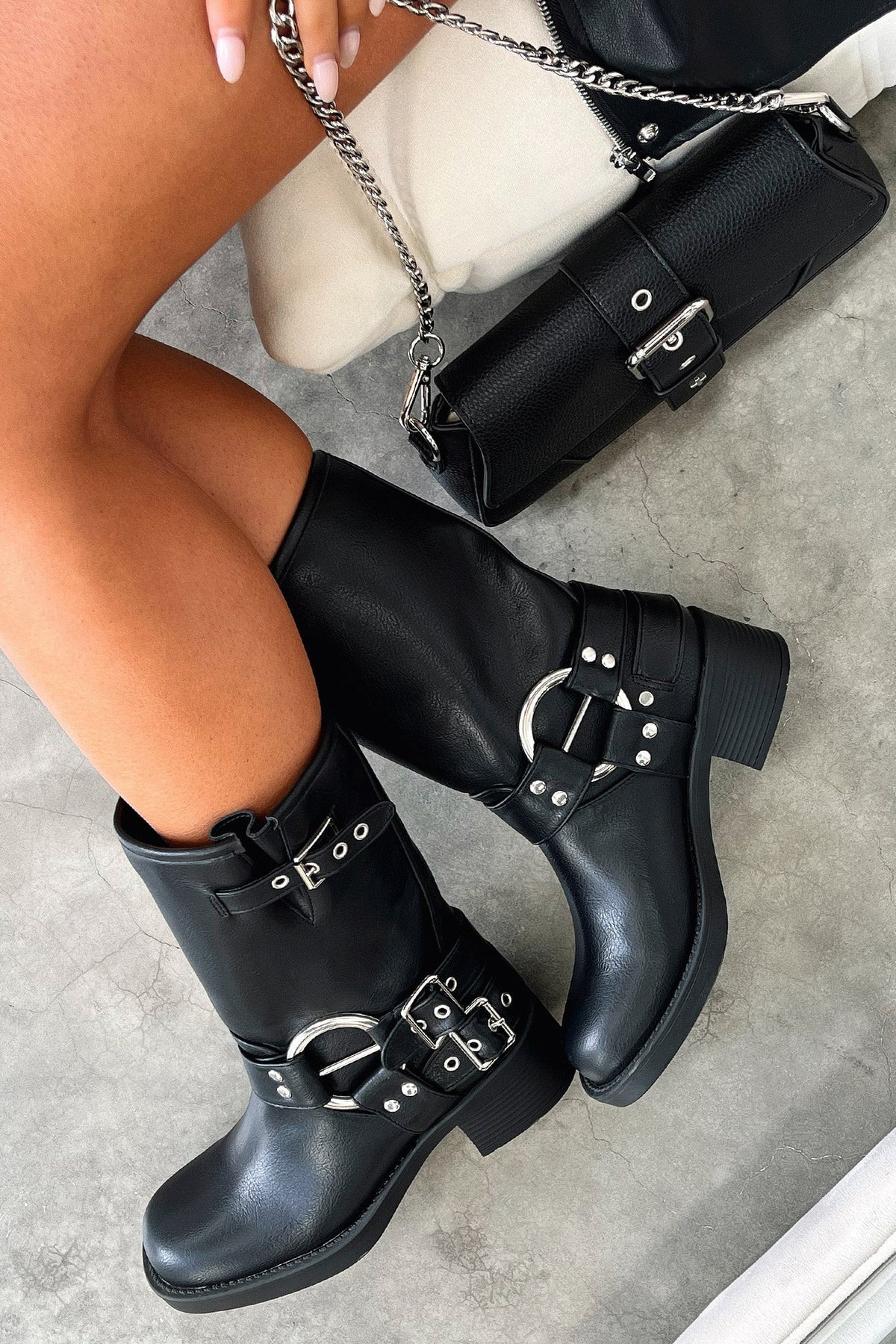 Women's Black Chunky Block Heel Boots with Lug Sole and Buckles | Studded Detail, Cushioned Footbed | Size 4-12