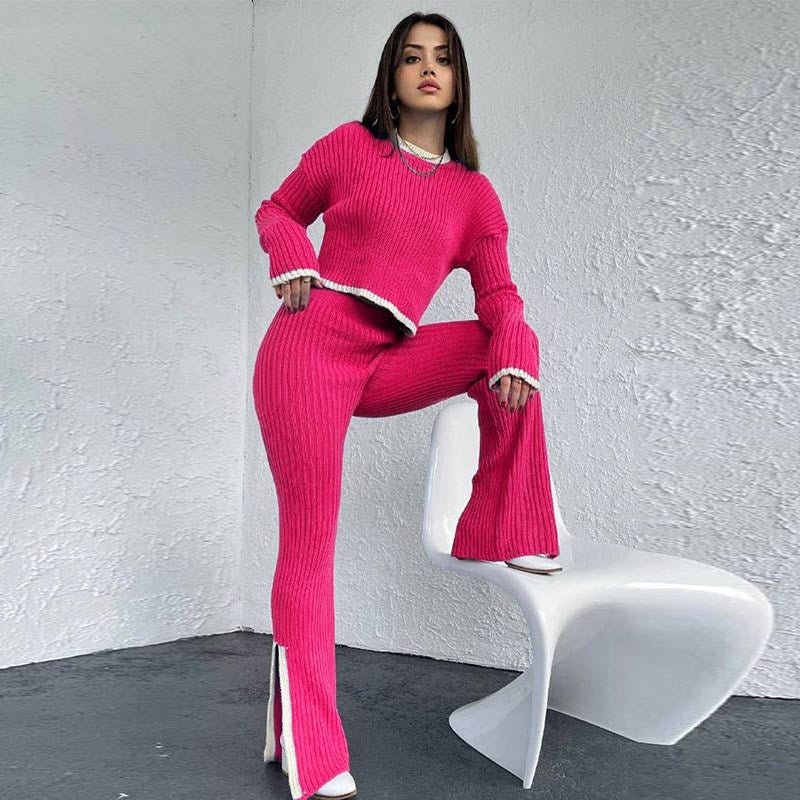 Women's Two Piece Knit Set with a Cropped Sweater | High Waist Trousers and Contrast Trim | One Size, 7 Colors