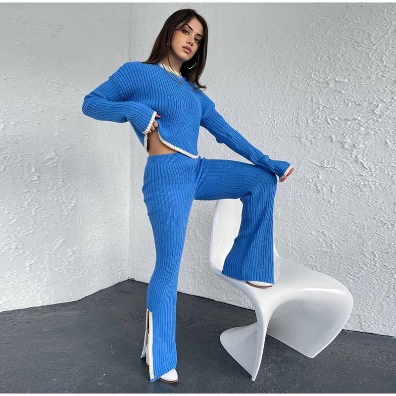 Women's Two Piece Knit Set with a Cropped Sweater | High Waist Trousers and Contrast Trim | One Size, 7 Colors