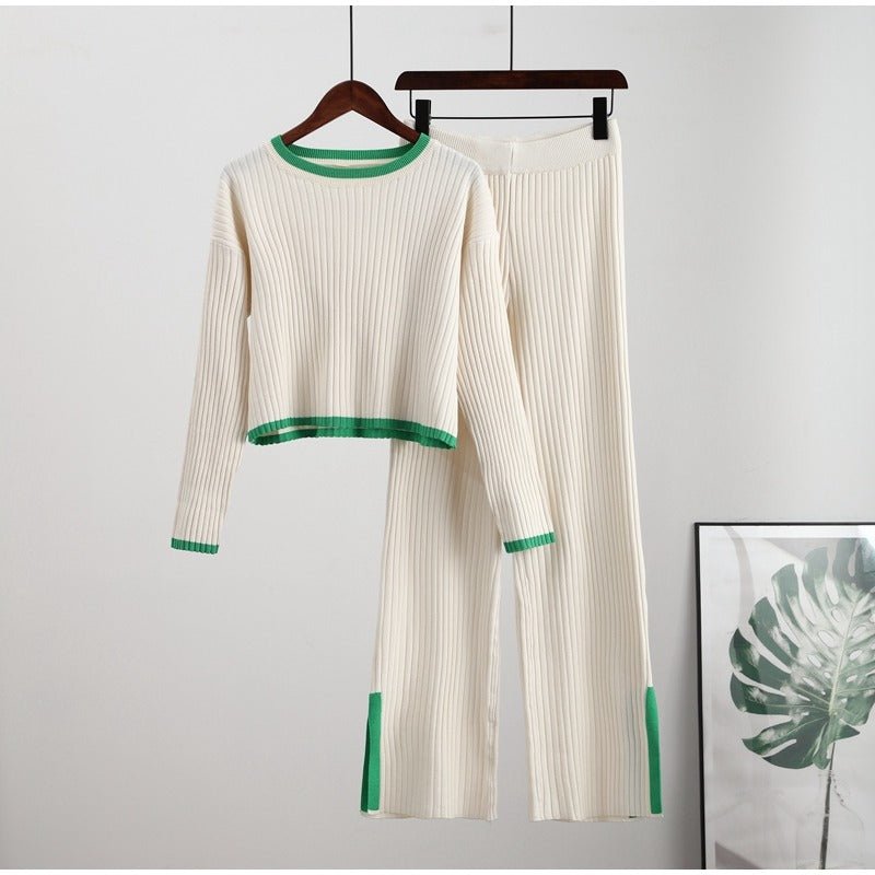 Women's Two Piece Knit Set with a Cropped Sweater | High Waist Trousers and Contrast Trim | One Size, 7 Colors