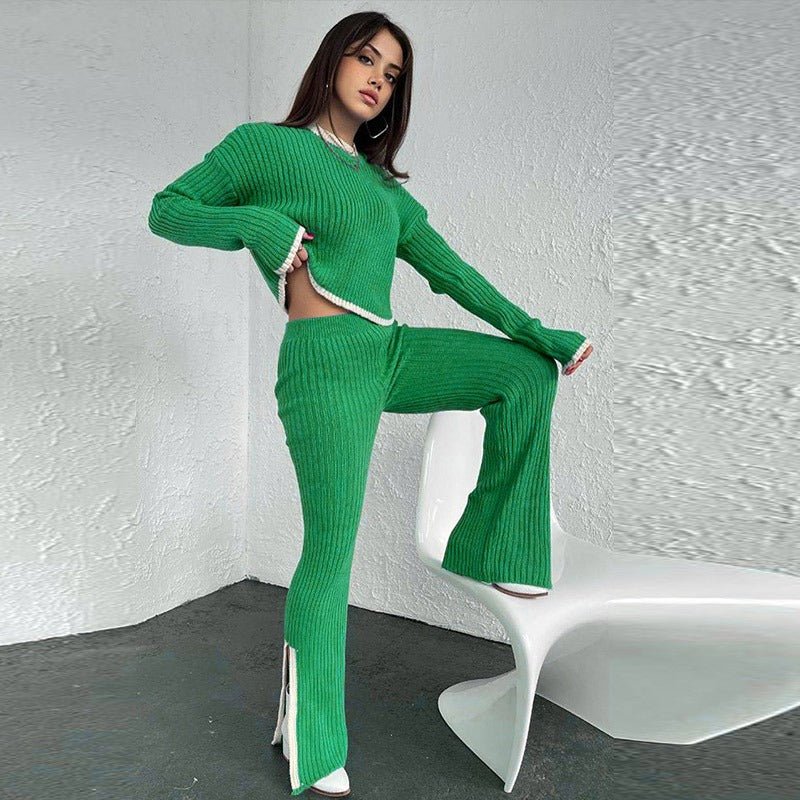 Women's Two Piece Knit Set with a Cropped Sweater | High Waist Trousers and Contrast Trim | One Size, 7 Colors