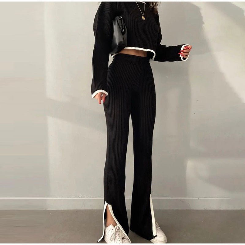 Women's Two Piece Knit Set with a Cropped Sweater | High Waist Trousers and Contrast Trim | One Size, 7 Colors