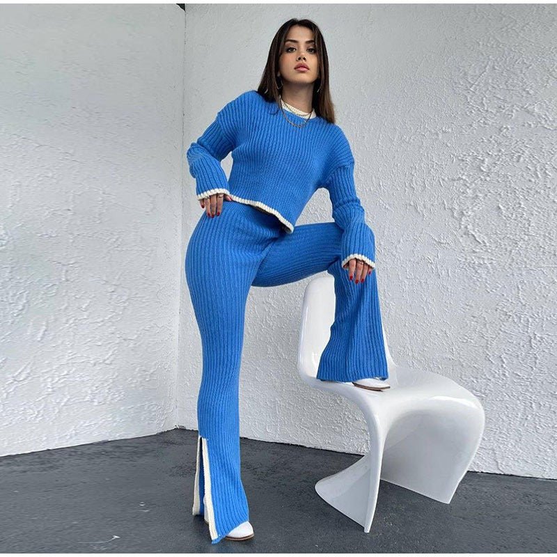 Women's Two Piece Knit Set with a Cropped Sweater | High Waist Trousers and Contrast Trim | One Size, 7 Colors
