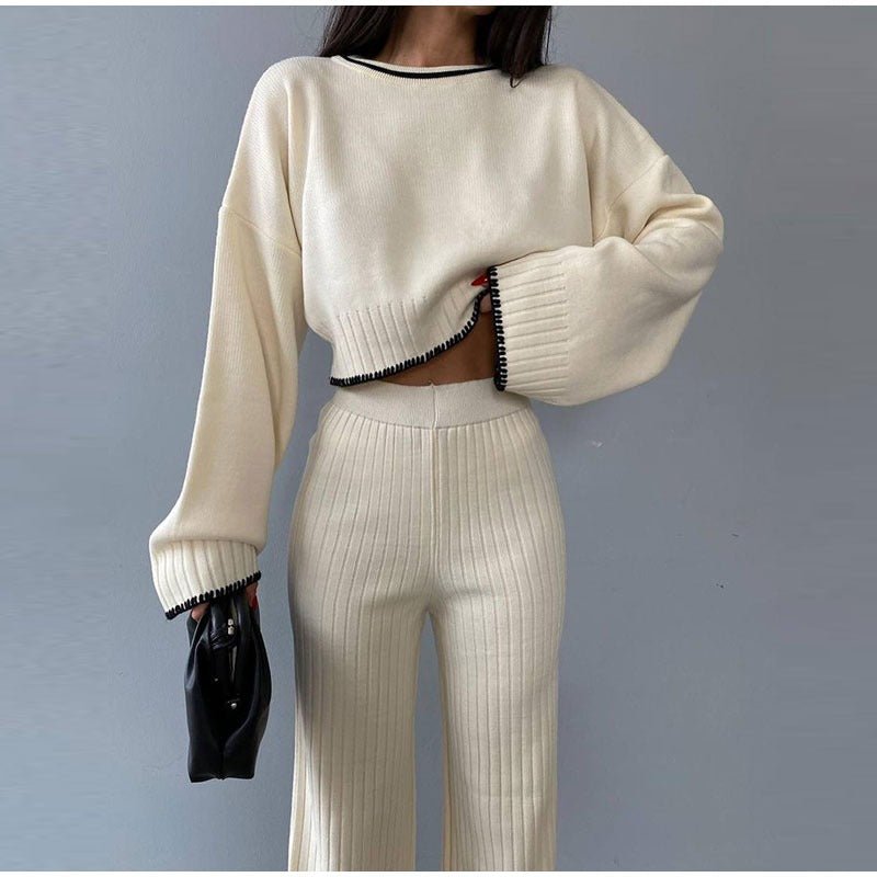 Women's Two Piece Knit Set with a Cropped Sweater | High Waist Trousers and Contrast Trim | One Size, 7 Colors