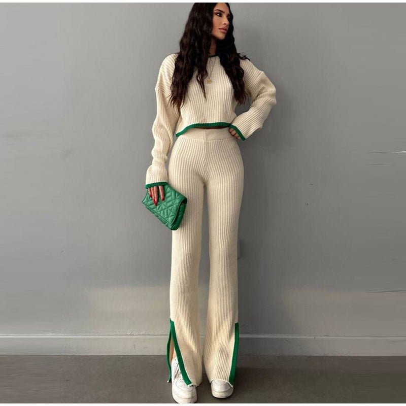 Women's Two Piece Knit Set with a Cropped Sweater | High Waist Trousers and Contrast Trim | One Size, 7 Colors