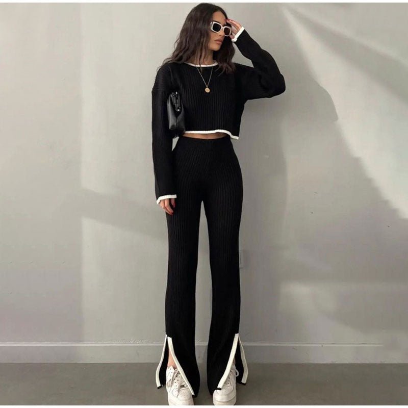 Women's Two Piece Knit Set with a Cropped Sweater | High Waist Trousers and Contrast Trim | One Size, 7 Colors