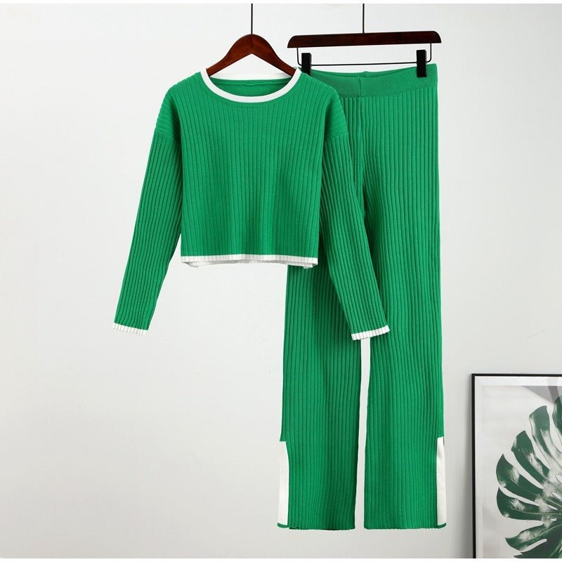 Women's Two Piece Knit Set with a Cropped Sweater | High Waist Trousers and Contrast Trim | One Size, 7 Colors