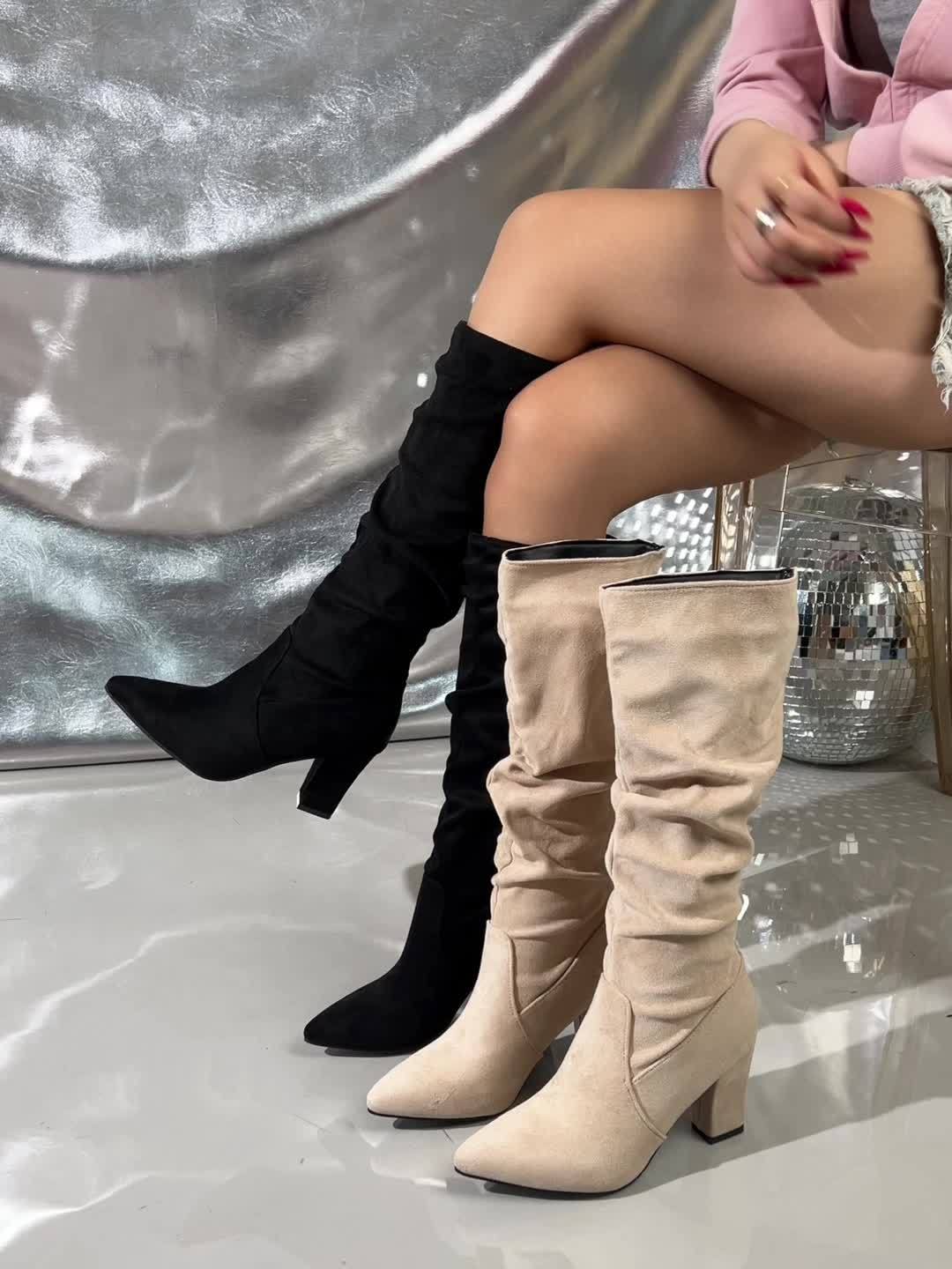 Women's Black Knee High Slouch Boots with Block Heel | Faux Suede Pointed Toe Footwear, Cushioned Footbed | Size 7.5-10
