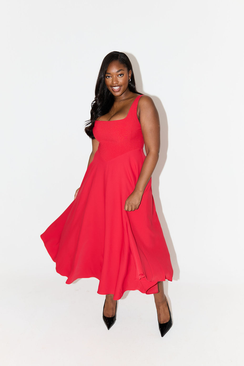 Women's Square Neck Midi Dress | Defined Waist and Flared Skirt for a Wedding Guest Look | Size XS-3XL, 4 Colors