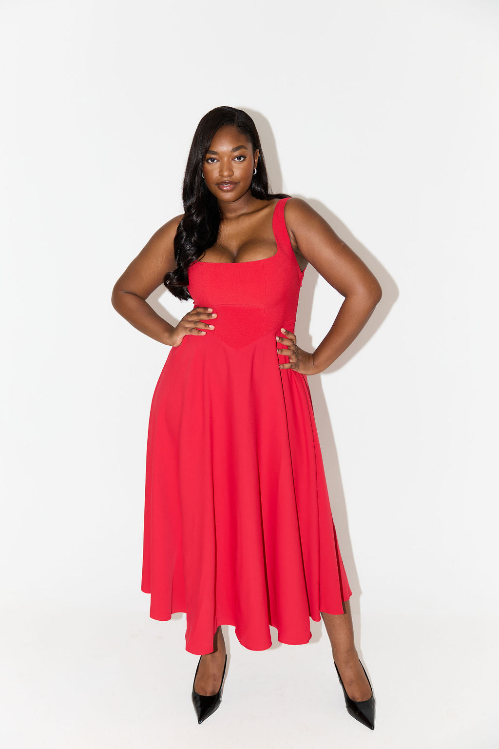 Women's Square Neck Midi Dress | Defined Waist and Flared Skirt for a Wedding Guest Look | Size XS-3XL, 4 Colors