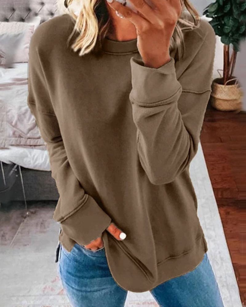 Women's Crew Neck Sweatshirt with Brushed Lining | Side Slits, Long Sleeves and Relaxed Fit | Size S-5XL, 11 Colors
