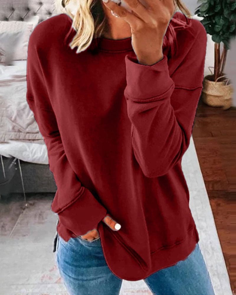 Women's Crew Neck Sweatshirt with Brushed Lining | Side Slits, Long Sleeves and Relaxed Fit | Size S-5XL, 11 Colors