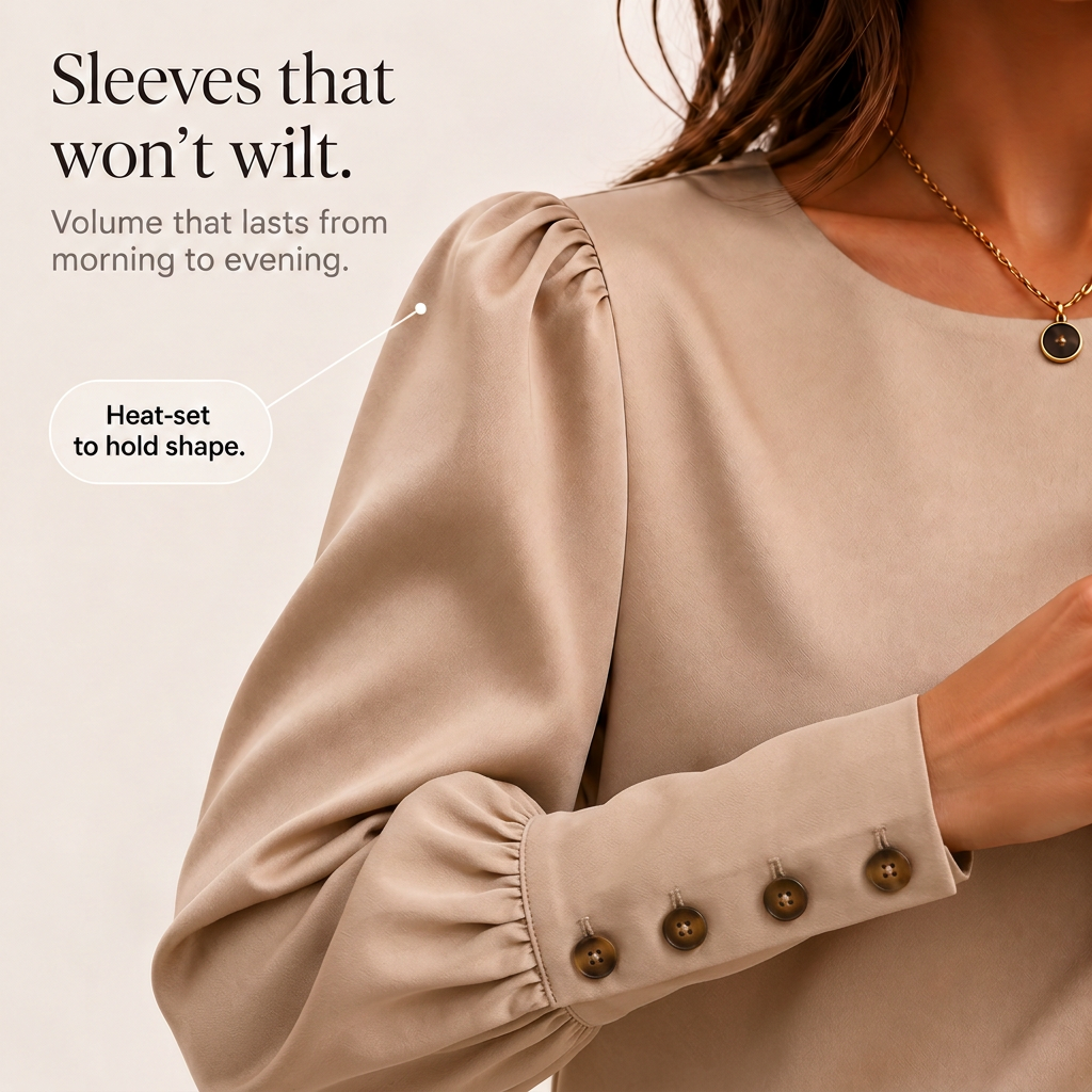 Women's Puff Sleeve Blouse in Lightweight Polyester | Round Neckline, Back Button Detail | Sizes S to 2XL, 4 Colors
