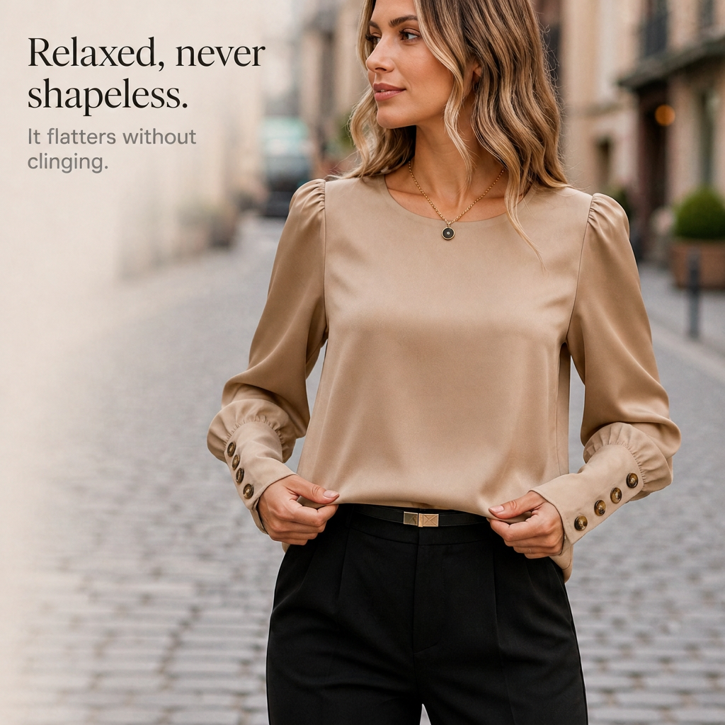 Women's Puff Sleeve Blouse in Lightweight Polyester | Round Neckline, Back Button Detail | Sizes S to 2XL, 4 Colors
