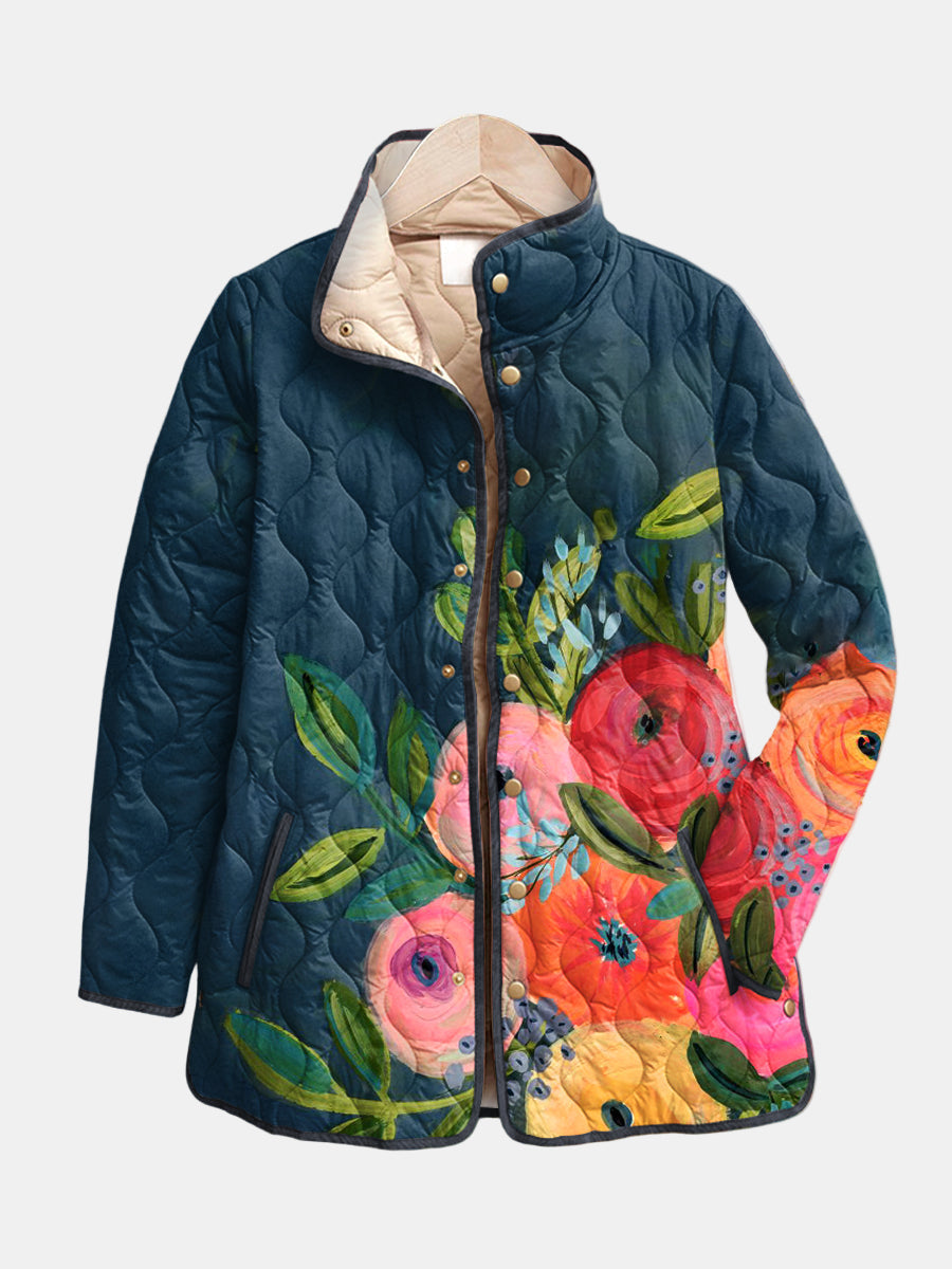 Women's Wrap Front Quilted Jacket with Bold Floral Print | Padded Layer with Stand Collar and Full Zip | Size S-3XL