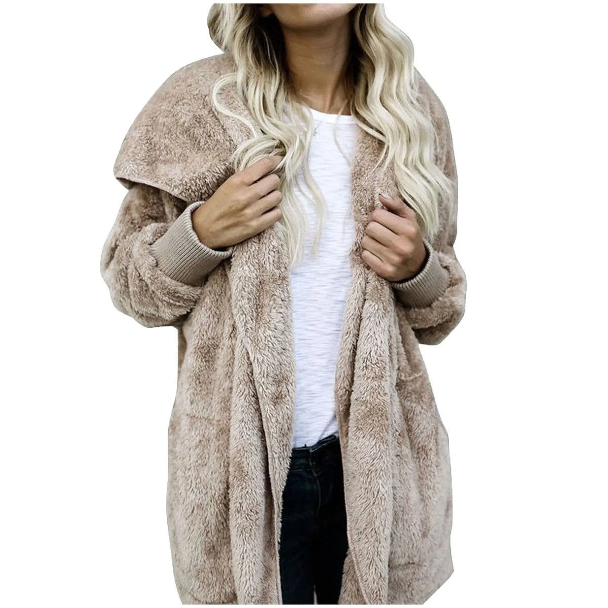 Women's Long Fluffy Coat with Hood and Open Front | Dropped Shoulders, Side Pockets | Sizes XL to 3XL, 6 Colors