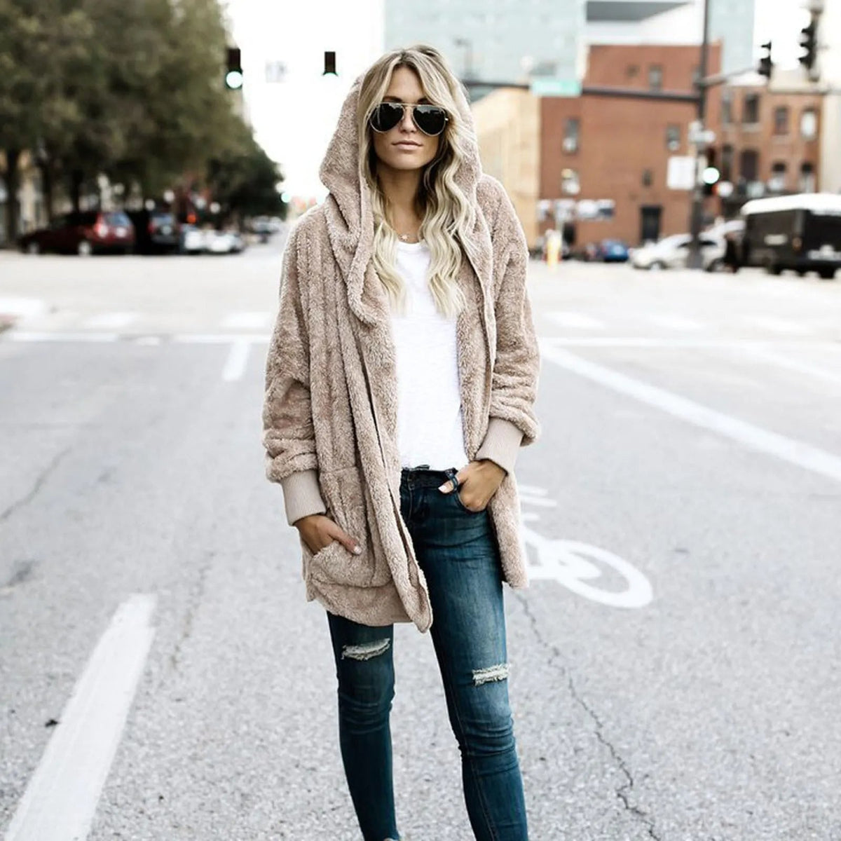 Women's Long Fluffy Coat with Hood and Open Front | Dropped Shoulders, Side Pockets | Sizes XL to 3XL, 6 Colors