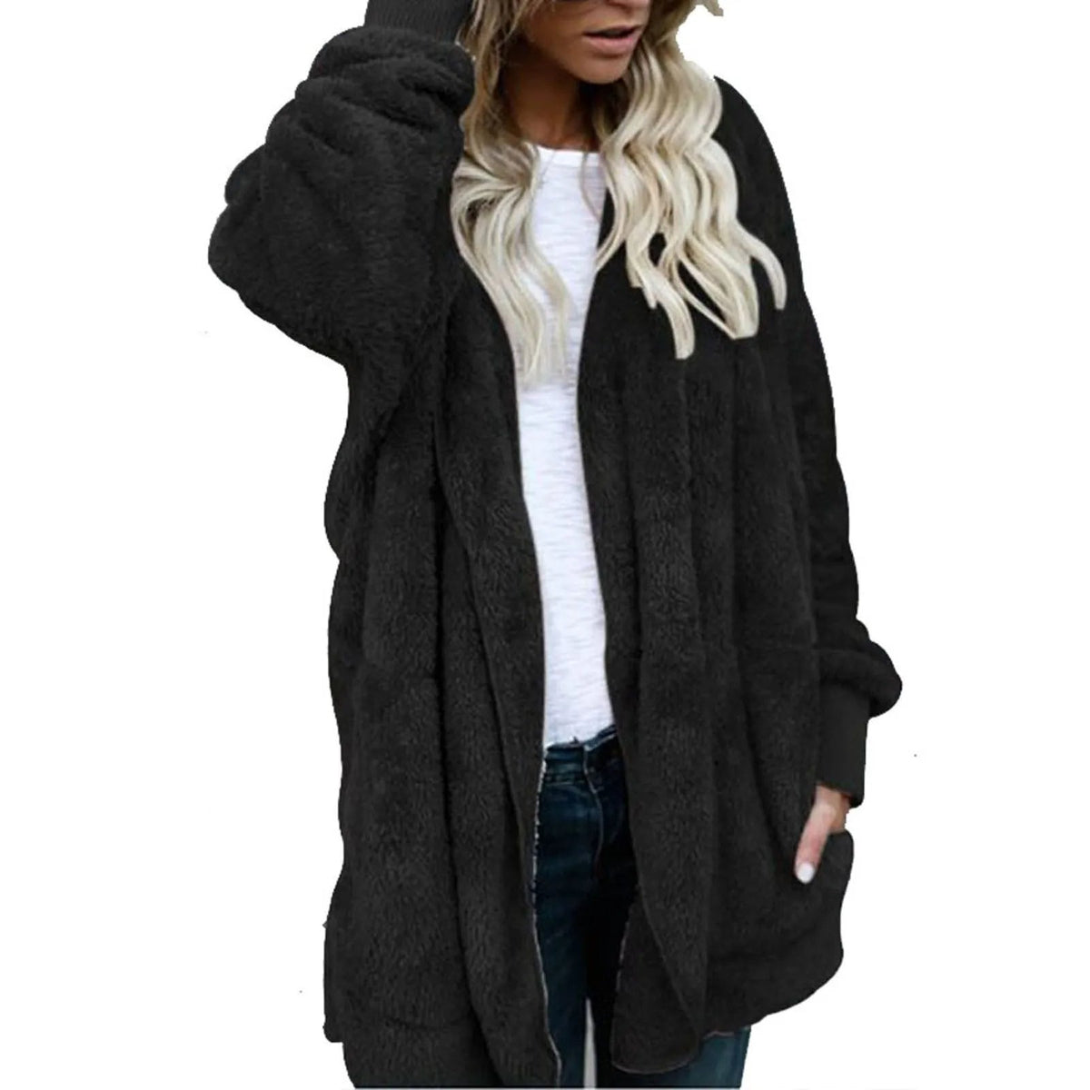 Women's Long Fluffy Coat with Hood and Open Front | Dropped Shoulders, Side Pockets | Sizes XL to 3XL, 6 Colors