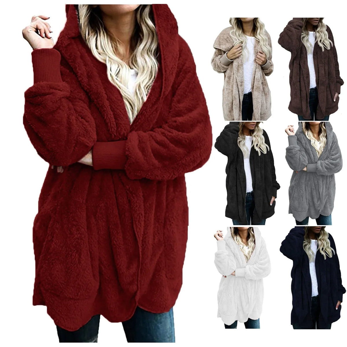 Women's Long Fluffy Coat with Hood and Open Front | Dropped Shoulders, Side Pockets | Sizes XL to 3XL, 6 Colors