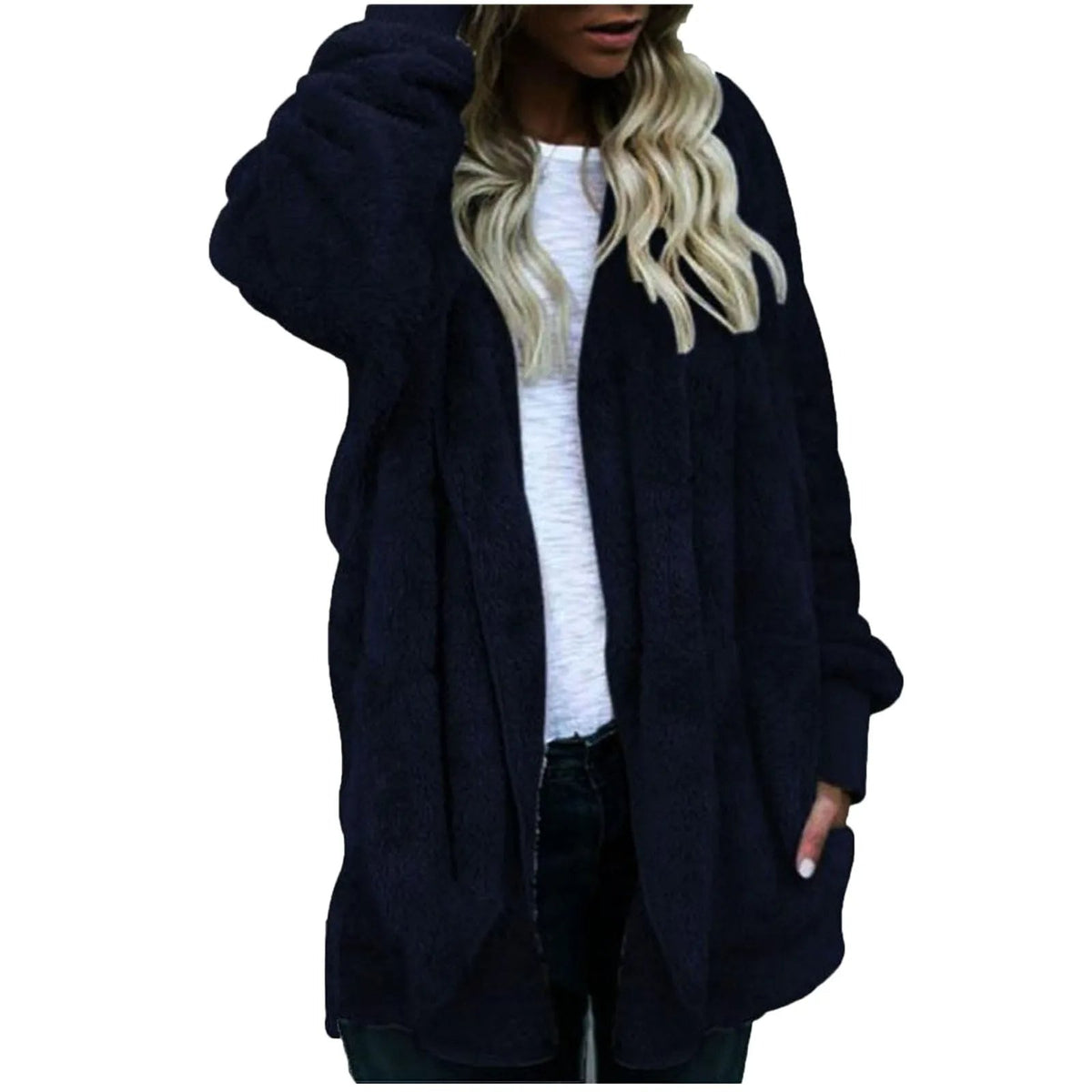 Women's Long Fluffy Coat with Hood and Open Front | Dropped Shoulders, Side Pockets | Sizes XL to 3XL, 6 Colors