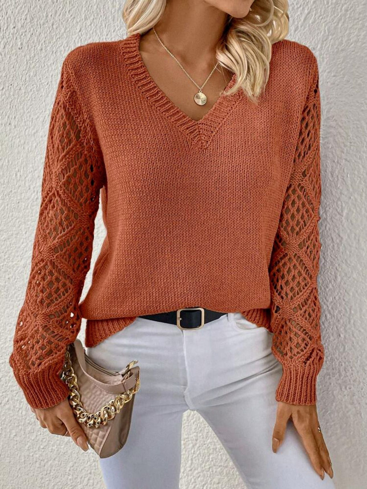 Women's V Neck Sweater with Crochet Sleeves | Relaxed Fit Knit Pullover with Ribbed Cuffs | Size S-XL, 5 Colors