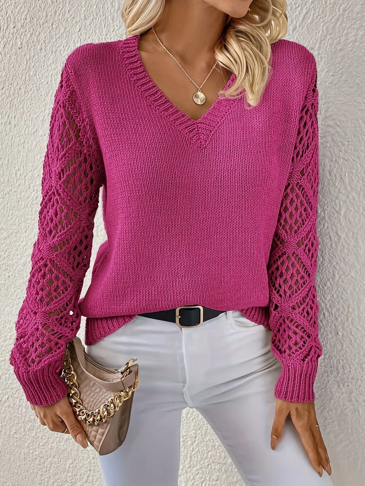 Women's V Neck Sweater with Crochet Sleeves | Relaxed Fit Knit Pullover with Ribbed Cuffs | Size S-XL, 5 Colors