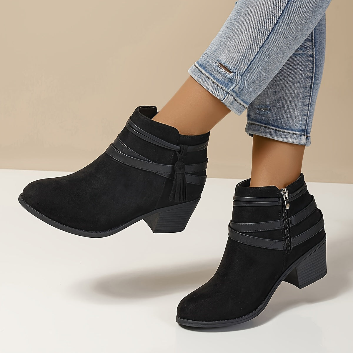 Women's Ankle Boots with Tassel Strap | Block Heel Booties, Pointed Toe and Side Zip | Size 5.5-10.5, Black or Beige