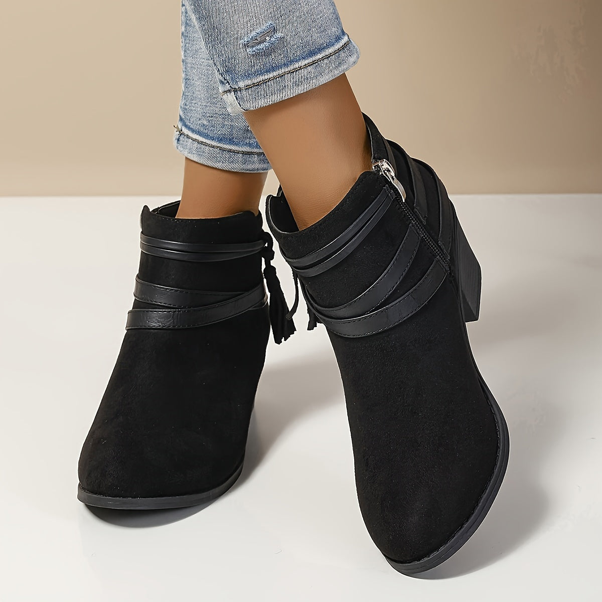 Women's Ankle Boots with Tassel Strap | Block Heel Booties, Pointed Toe and Side Zip | Size 5.5-10.5, Black or Beige