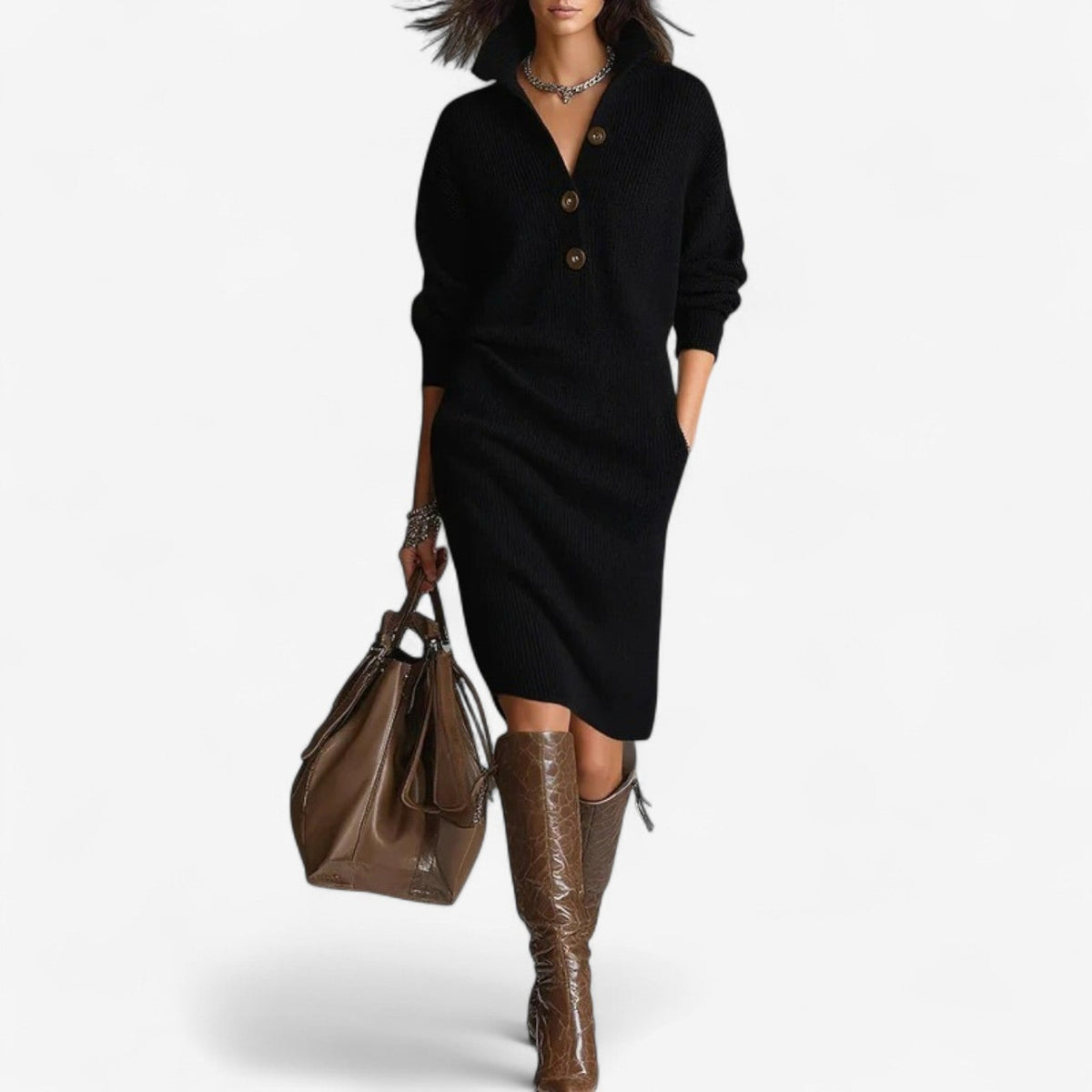 Women's Ribbed Knit Midi Dress | Buttoned Collar, Side Pockets and a Below the Knee Hem | Size S-3XL, 4 Colors