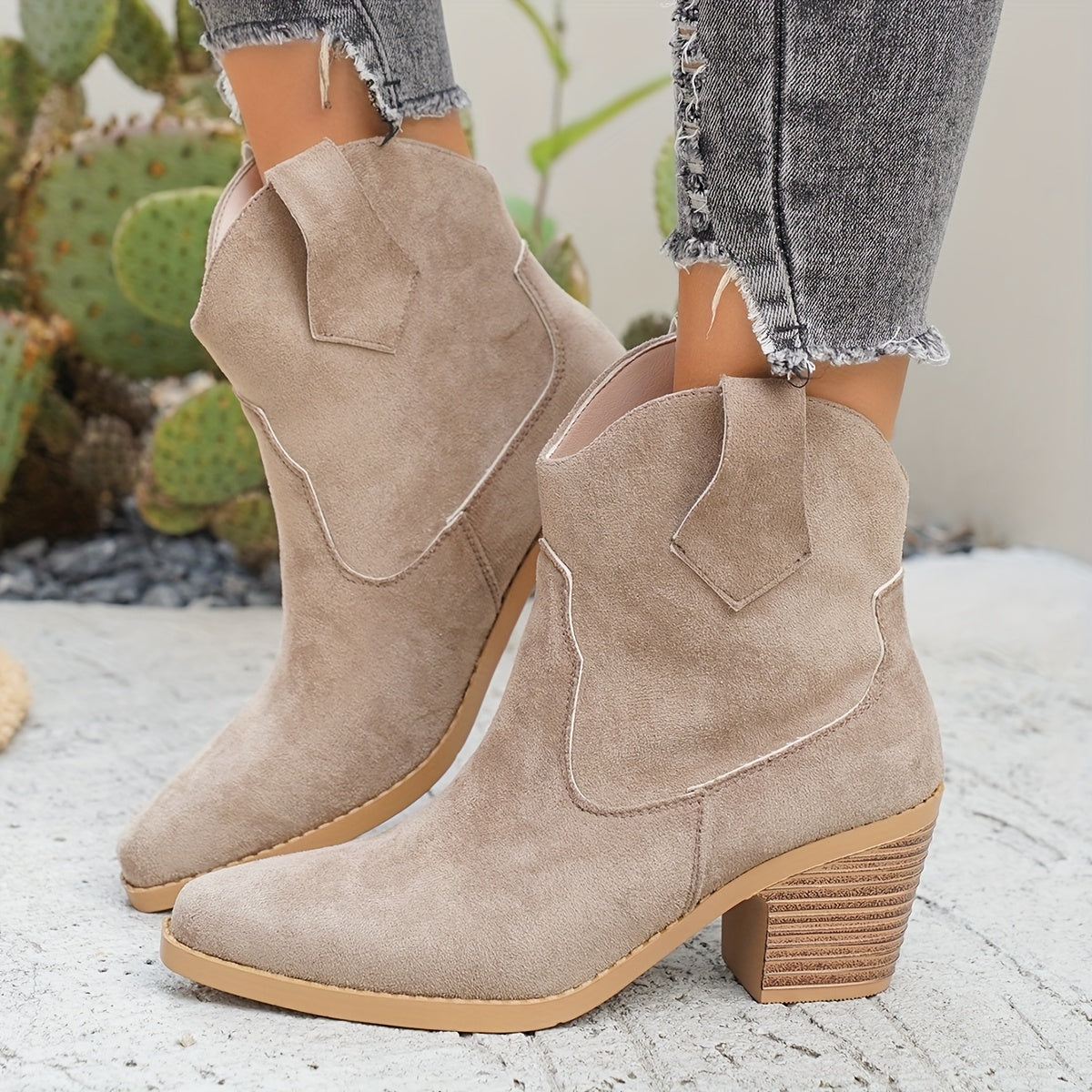 Women's Western Ankle Boots in Faux Suede | Wide Block Heel, Tapered Toe and a Pull On Fit | Size 5.5-10.5, 2 Colors