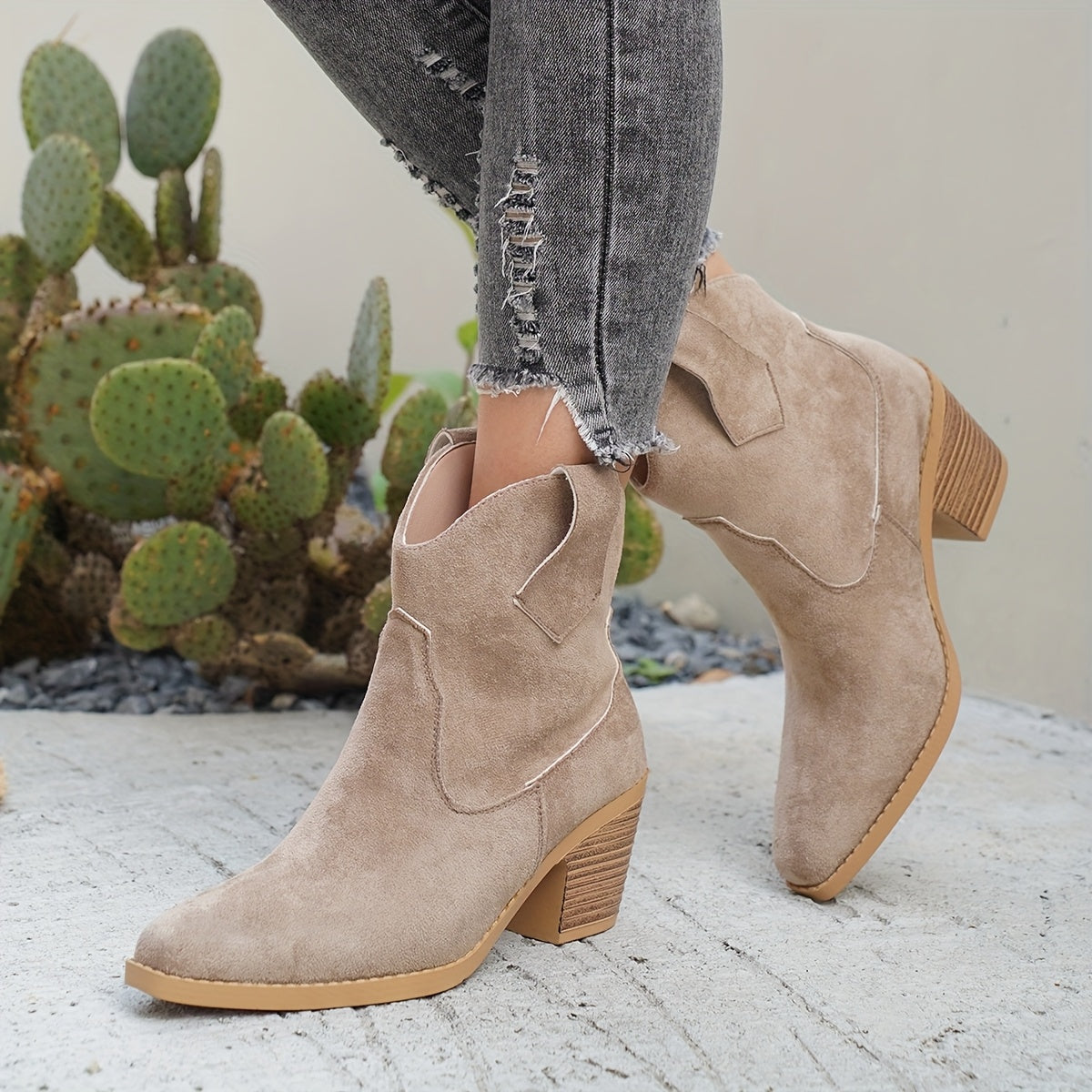 Women's Western Ankle Boots in Faux Suede | Wide Block Heel, Tapered Toe and a Pull On Fit | Size 5.5-10.5, 2 Colors