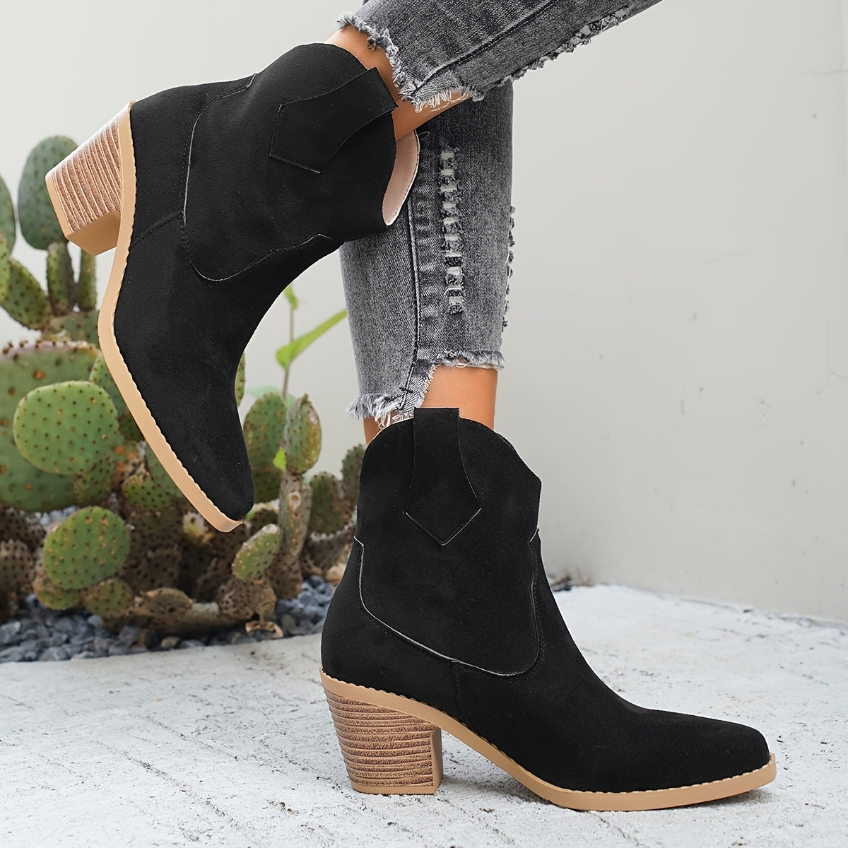 Women's Western Ankle Boots in Faux Suede | Wide Block Heel, Tapered Toe and a Pull On Fit | Size 5.5-10.5, 2 Colors