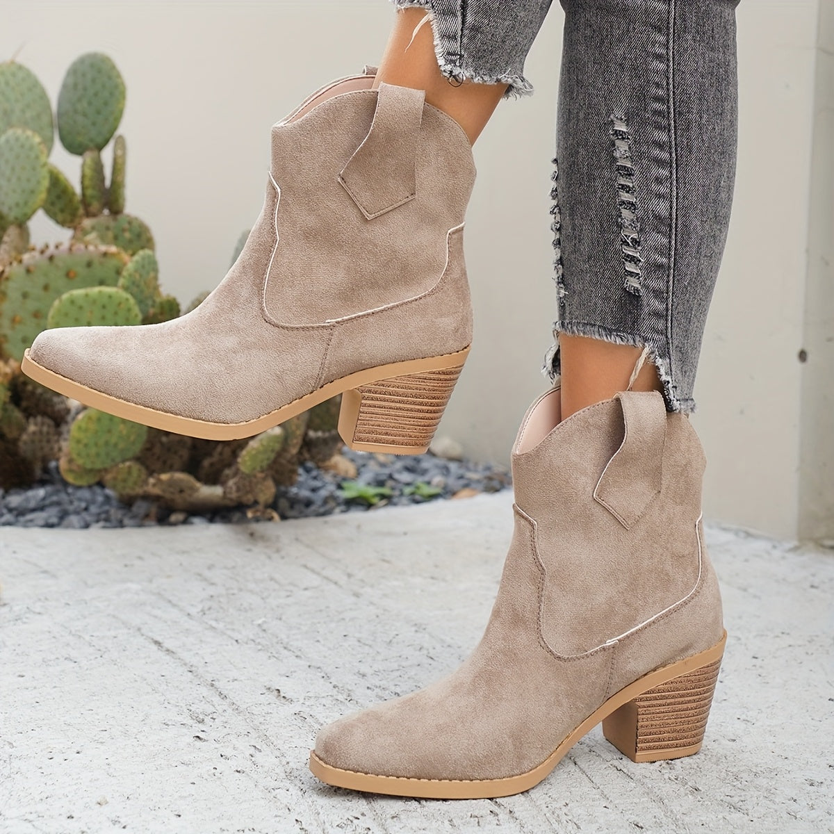 Women's Western Ankle Boots in Faux Suede | Wide Block Heel, Tapered Toe and a Pull On Fit | Size 5.5-10.5, 2 Colors