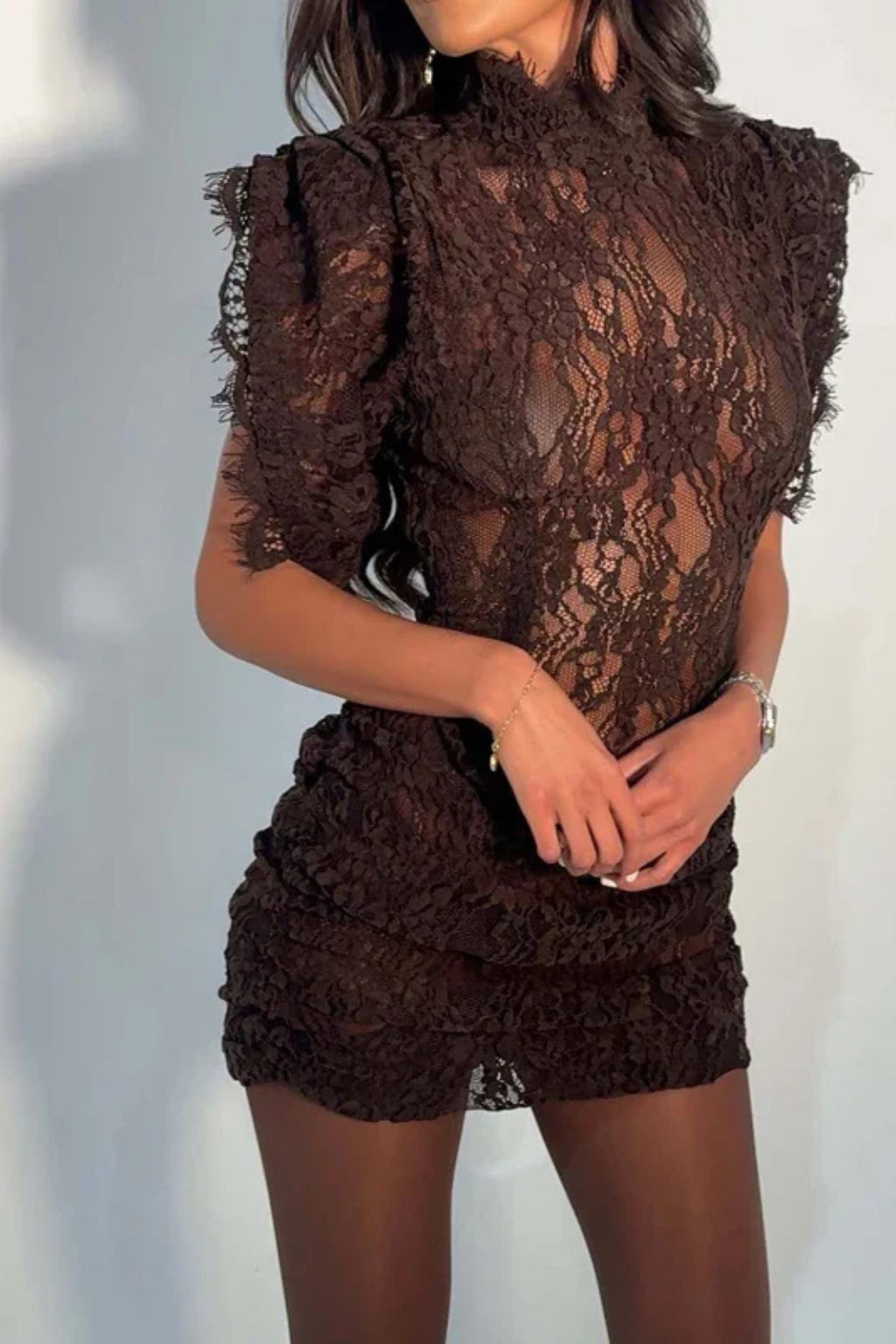 Women's Floral Lace Mini Dress with a High Neck | Short Sleeves, Fitted Above the Knee | Size XS-2XL, 5 Colors