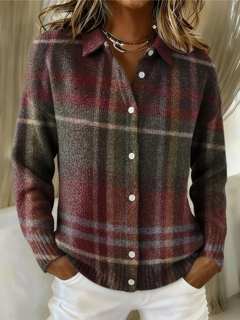 Women's Plaid Long Sleeve Button-Down Shirt | Classic Collar, Relaxed Layering Fit | Sizes S-5XL | Burgundy