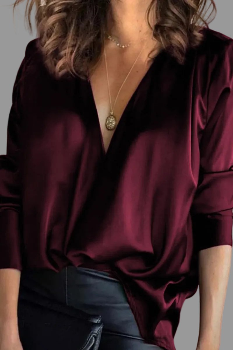 Women's Deep V-Neck Long Sleeve Blouse | Softly Draped Front, Hip-Length Cut, Relaxed Fit | Sizes S-3XL | 5 Colors