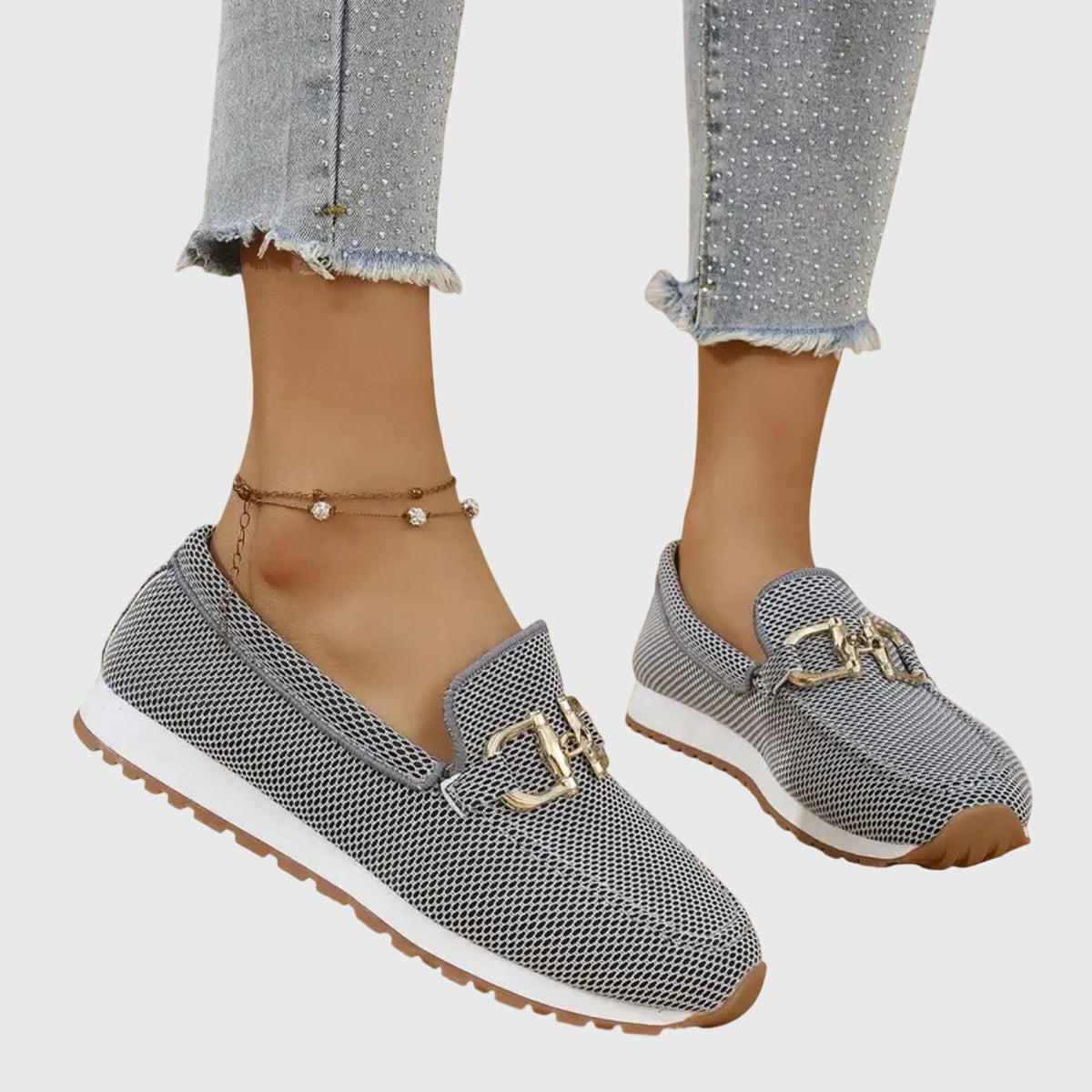 Women's Slip-On Sneakers with Mesh Knit Upper and Metal Horsebit Detail | Loafer Style Shoes with Lug Sole | Size 6.5-11