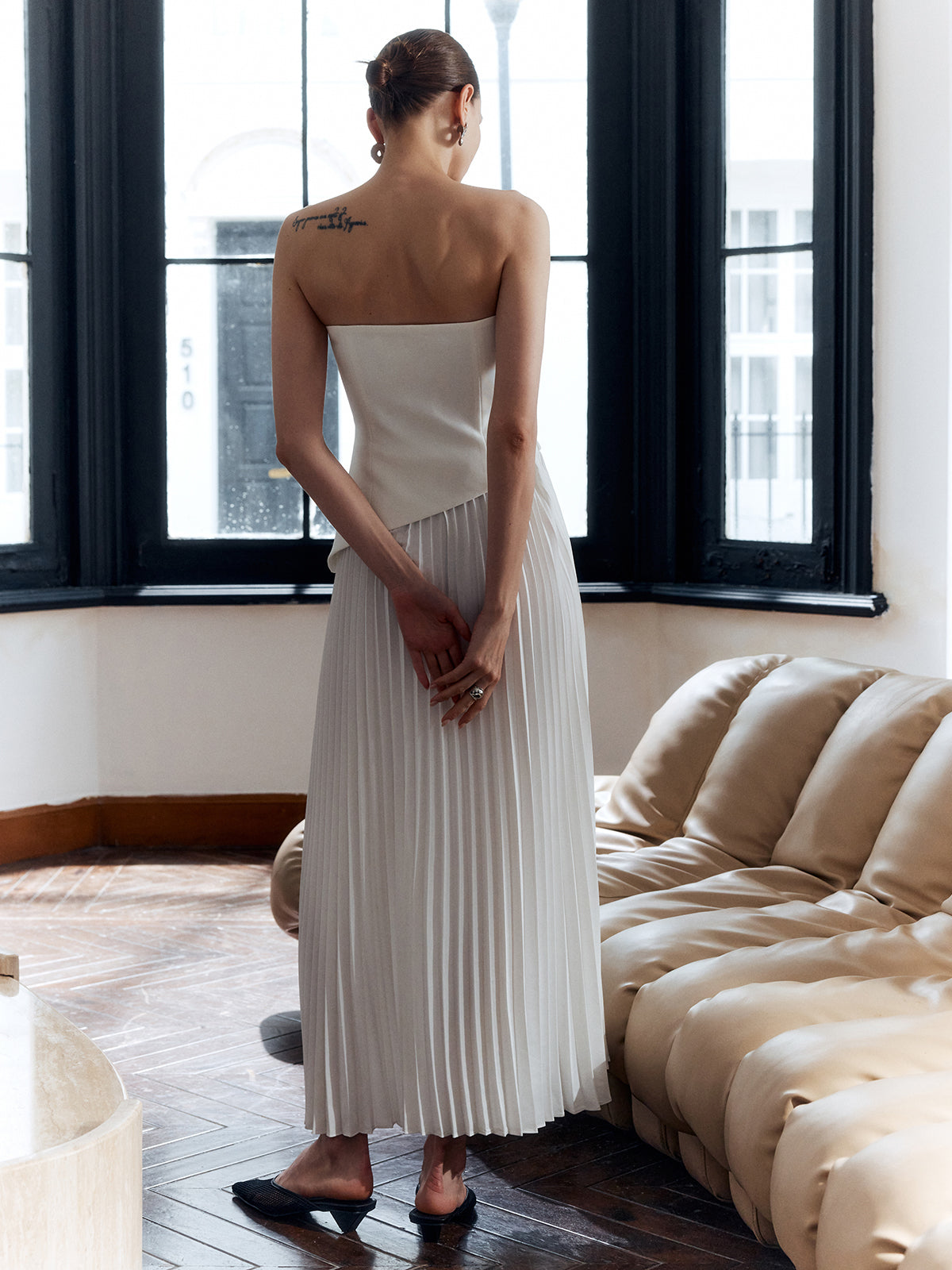 Women's Strapless Maxi Dress with a Pleated Skirt | Side Slit and Asymmetric Waist | Size XS-XL, White