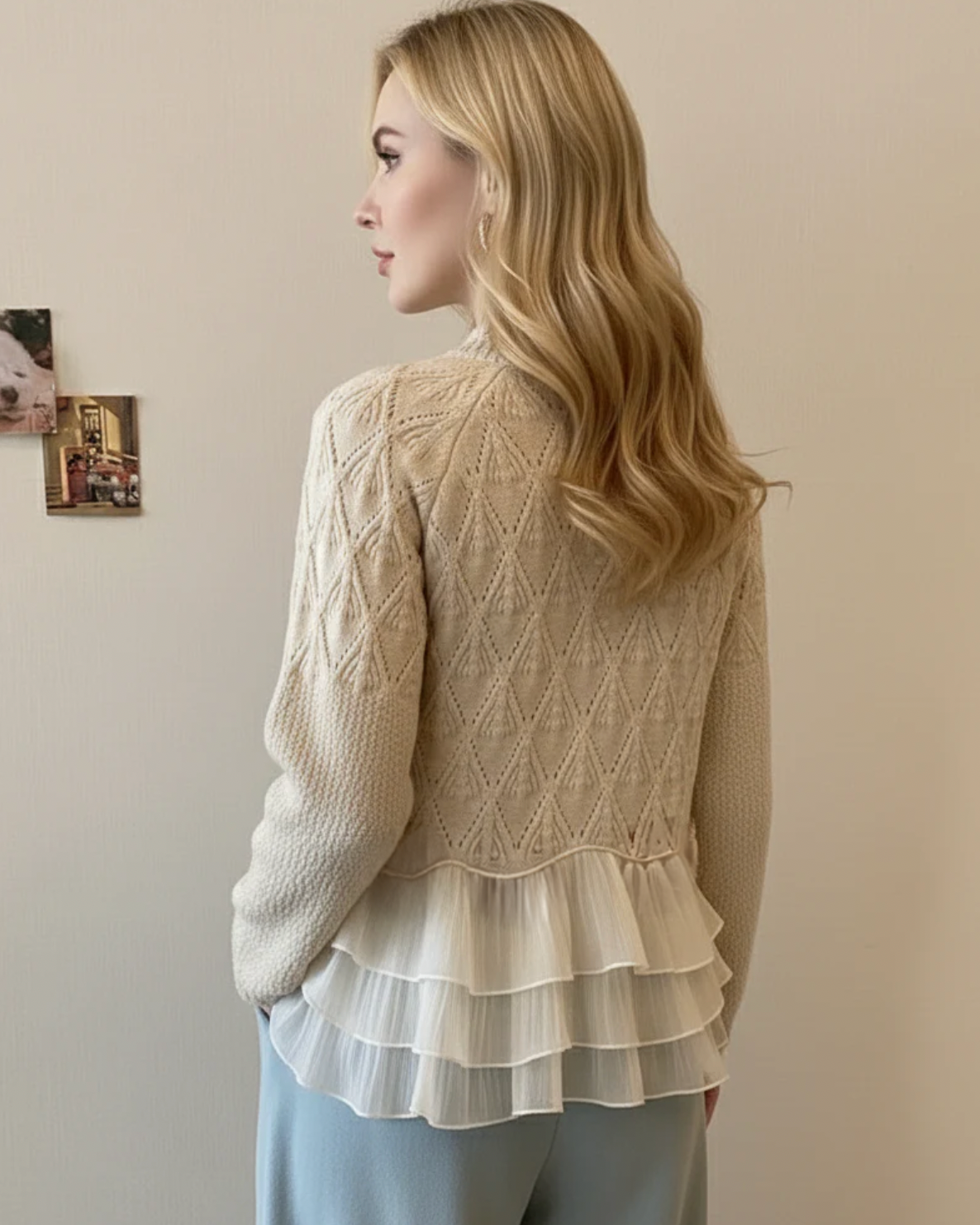 Women's Cable Knit Sweater in Cream | Layered Ruffle Hem with Rosette Appliques, Relaxed Pullover | Size M-3XL