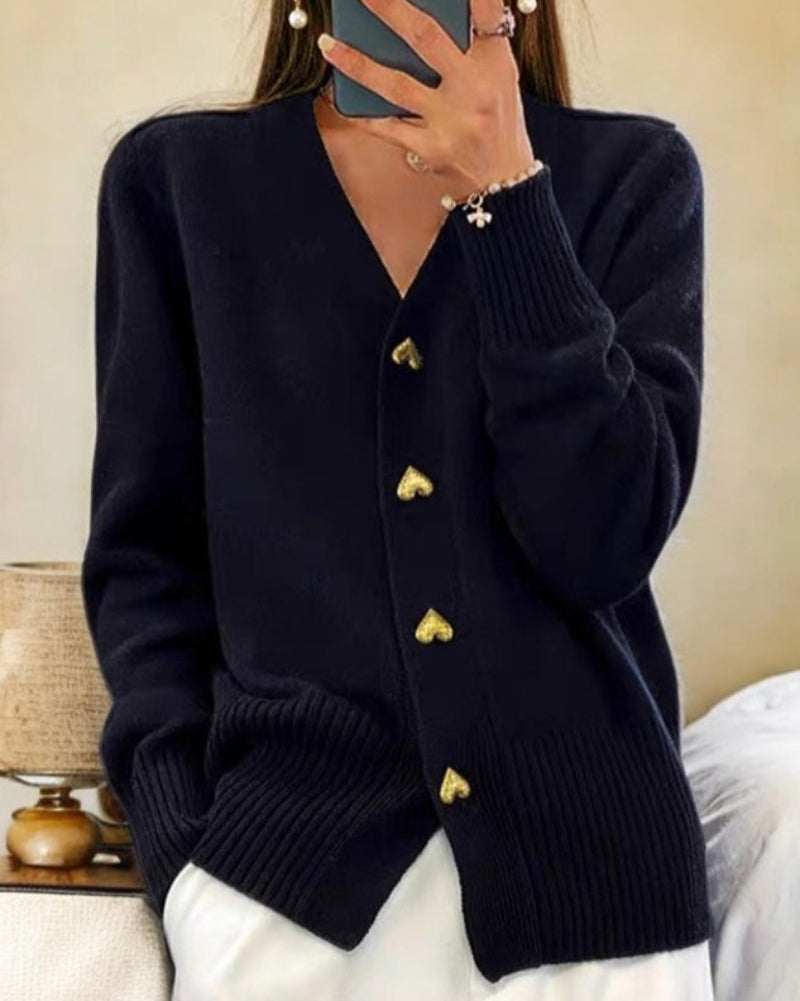 Women's Knit Cardigan Sweater with Heart Shaped Buttons | Relaxed Fit, Ribbed Cuffs and Hem | Size S-2XL