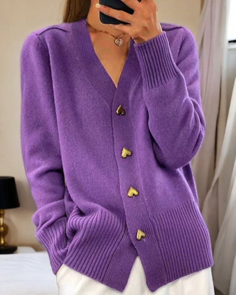 Women's Knit Cardigan Sweater with Heart Shaped Buttons | Relaxed Fit, Ribbed Cuffs and Hem | Size S-2XL